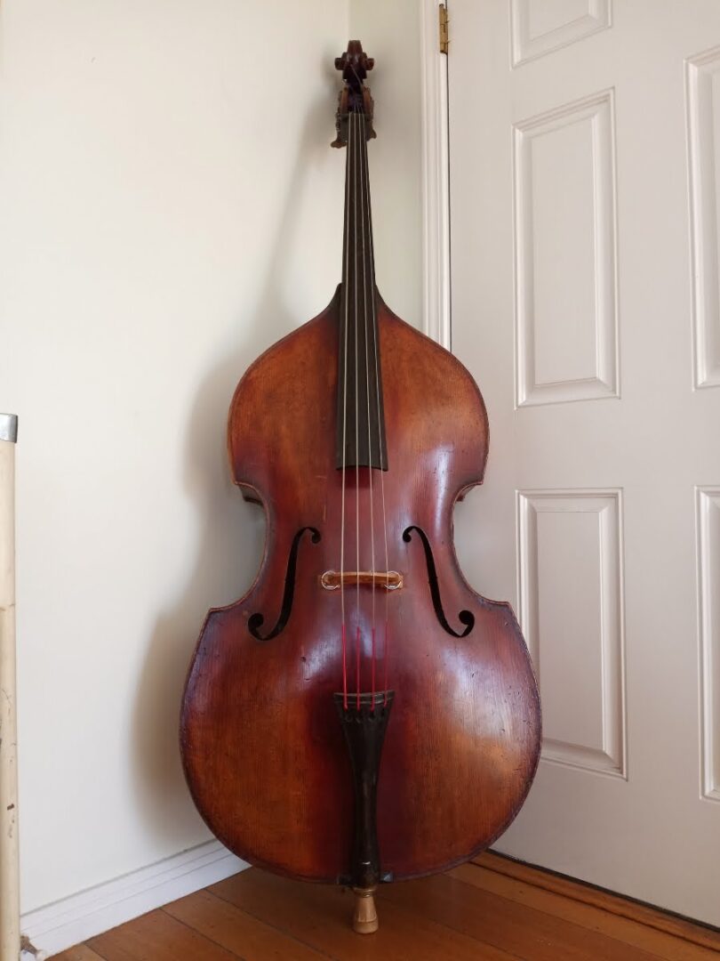 A double bass in front of a white wall and door