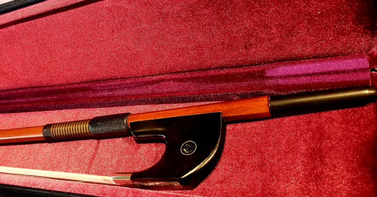 A double bass bow inside a red case